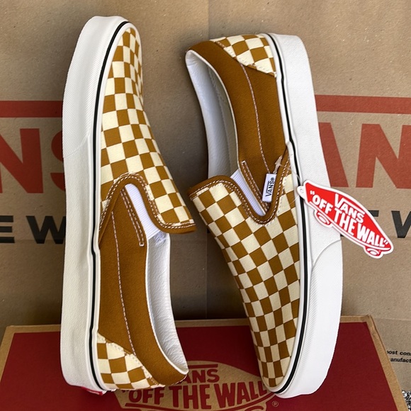 Vans Classic Slip-On Checkerboard Golden Brown/True White MENS - Picture 12 of 16